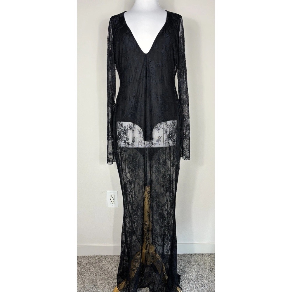 Skims Ultra Fine Lace Plunge Long Sleeved Maxi Dress Onyx Sz 2X Sexy Edgy Dark - Picture 8 of 10